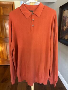 Neiman Marcus Long Sleeve Polo Sweater Mens Large Rust Cotton Rayon Italy Knit